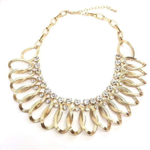 NATASHA RHINESTONE STATEMENT NECKLACE GOLD TONE BLING OVAL CHAIN LINKS - Picture 2 of 11